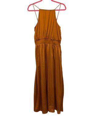 Ann Taylor Square Neck Cognac Midi Dress With Smocked Waist & Adjustable Straps